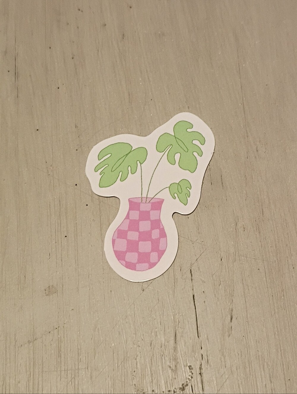 10/$10 Sticker Decal - Green Leaves In Pink Checker Patterned Vase - No Flowers
